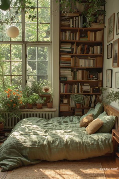 Mastering the Little Apartment Aesthetic - Puqqu Green Vintage Room Aesthetic, Japanese Room Interior, Bookshelf Around Bed, Green Apartment Aesthetic, Tiny House Aesthetic, Cottage Core Apartment, Cottagecore Apartment, Bed Shelf, Apartment Aesthetic