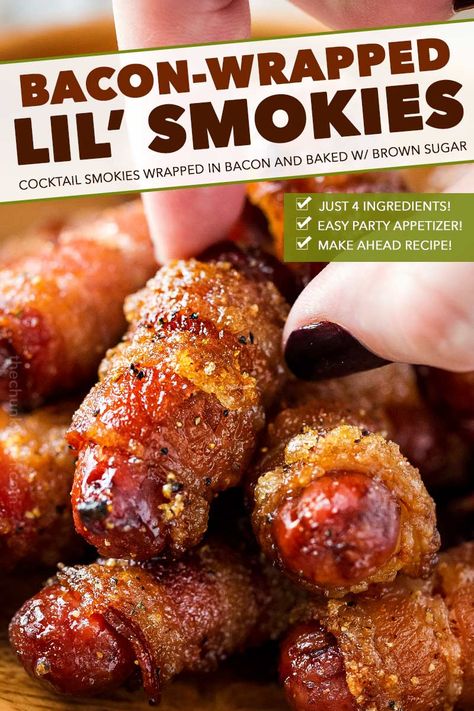 Classic cocktail smokies are wrapped in smoky bacon, coated with a spicy brown sugar rub, and baked until crispy and oh so addicting!  Perfect for game day, tailgating, a party, or a fun night at home! #partyfood #appetizer #gameday #lilsmokies #cocktailsmokies #cocktailweiners #bacon Cocktail Smokies, Bacon Wrapped Lil Smokies, Smokies Recipe, Bacon Wrapped Smokies, Little Smokies, Lil Smokies, The Chunky Chef, Chunky Chef, Brown Sugar Bacon