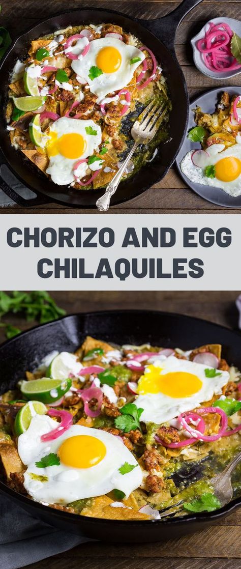 Chorizo Breakfast Recipes, Chilaquiles Breakfast, Breakfast Chilaquiles, Bread Boats, Chorizo Recipe, Chilaquiles Recipe, Chorizo And Eggs, Salsa Verde Recipe, Chorizo Recipes