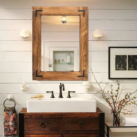 Rustic Wooden Framed Wall Mirror, Natural Wood Bathroom Vanity Mirror - On Sale - Bed Bath & Beyond - 35285211 Natural Wood Bathroom, Natural Wood Bathroom Vanity, Wood Mirror Bathroom, Farmhouse Bathroom Mirrors, Farmhouse Mirrors, Distressed Walls, Rustic Wall Mirrors, Wood Bathroom Vanity, Framed Wall Mirror