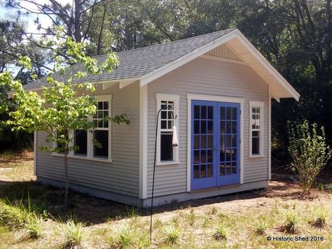 Every time Historic Shed is approached by an artist in need of a studio, we end up with a unique shed design that is worthy of showing off. In this case, a local artist in Citrus County, FL requested a fairly large 14’x16′ shed with lots of windows. The design has great balance, is filled with light and looks lovely with a great set of accent French doors. It will serve as a great “She Shed” for the owner. Artist Shed, Backyard Art Studio, Shed Designs, Shed Office, Studio Shed, Studio Build, Artists Studio, Backyard Studio, Backyard Office