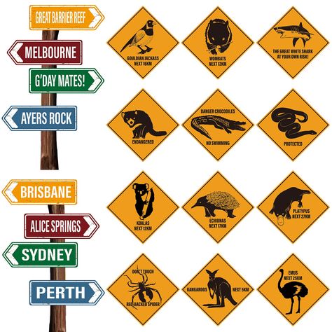 PRICES MAY VARY. Australian Party Supplies: an ideal choice for your Australian theme party, easy to match with street sign cutouts and outback road signs cutouts, can add more authenticity to your Australian party, also add a lot of character to the theme and build fun memories for the big day 16 Assorted Designs: come with 12 pieces of outback road signs, and 4 pieces of outback road street signs in double side, with 40 pieces of glue, each outback road sign cardboard features a message, inclu Australian Road Signs, Australian Party, Australia Party, Australian Outback, Alice Springs, Directional Signs, Road Sign, Australian Animals, Street Sign