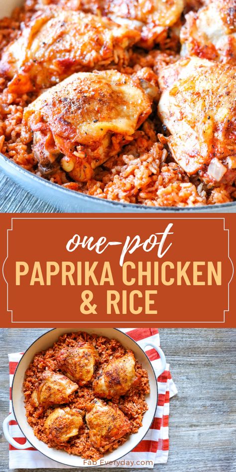 One-pot meals are my fave- especially during the busy holiday or back-to-school seasons. I’m sharing a new super yummy one today: One-Pot Paprika Chicken and Rice. This paprika chicken thighs and rice skillet supper cooks together in one pot for an easy, relatively hands-off, all-in-one dinner that is full of smoky paprika flavor. Click or visit FabEveryday.com for my paprika chicken thighs and rice skillet recipe. You'll want to save this chicken paprika and rice recipe for busy nights! Paprika Chicken And Rice Bake, Paprika Rice Recipe, Chicken Paprika Recipe, Paprika Chicken And Rice, Chicken And Rice Dutch Oven Recipes, One Pot Chicken Thighs And Rice, One Pot Chicken Thigh Recipes, Paprika Rice, Dutch Oven Chicken Thighs