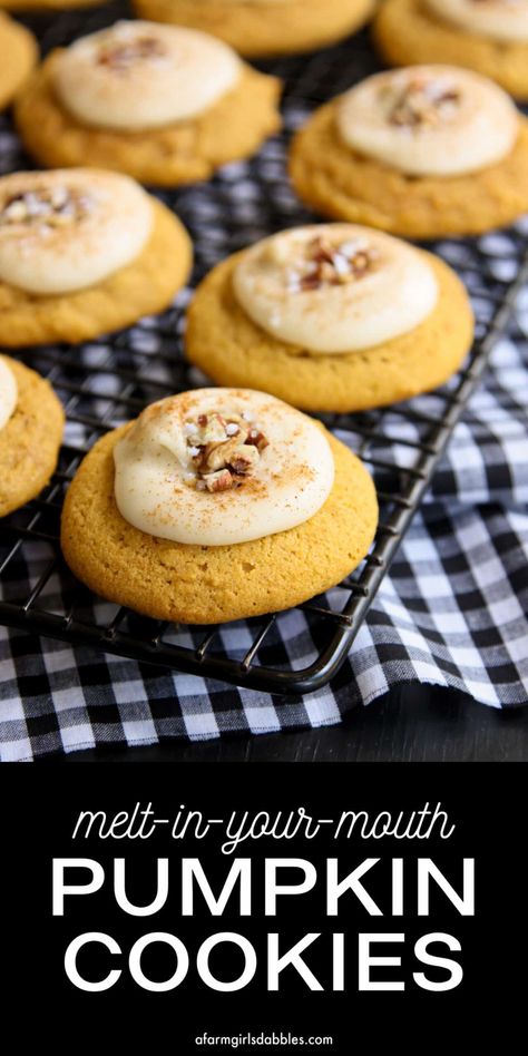 These Melt-In-Your-Mouth Pumpkin Cookies are the perfect little bites for fall. They're light in texture, yet moist - and topped with a dollop of easy-to-make frosting, plus a sprinkling of toasted pecans and flaky sea salt. And yes - they DO practically melt in your mouth! Pumpkin Cookies Easy, Pumpkin Cookie, Food Innovation, Holiday Eating, Delicious Cookie Recipes, Entertaining Recipes, Toasted Pecans, Most Popular Recipes, Cookie Ideas