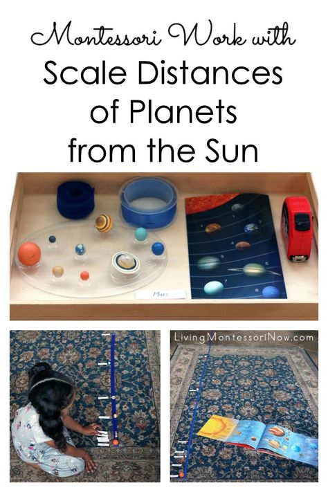 Montessori work using materials and resources from Montessori By Mom to teach scale distances of planets from the sun; perfect for classroom or home - Living Montessori Now #astronomy #homeschool #preschool #kindergarten #elementary #solarsystem #planetdistances Teaching Geography Elementary, Homeschool Astronomy, Apologia Astronomy, Ks2 Science, Montessori Work, Space Week, Library Space, Elementary Science Activities, Montessori Science