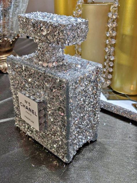 Silver Glam Bedroom, Chanel Candles, Makeup Room Diy, Coffee Table Book Design, Room Diy Ideas, Chanel Perfume Bottle, Glitter Room, Bling Bottles, Chanel Decor