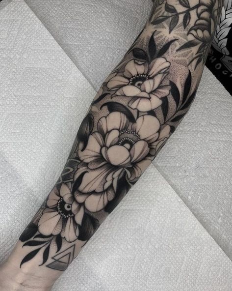 Floral Sleeve Cover Up Tattoo, Black Out Floral Sleeve Tattoo, Black And White Half Sleeve Tattoo Women, Black And Grey Flower Sleeve, Negative Flower Tattoo, Leaves Wrist Tattoo, Full Sleeve Cover Up Tattoo, Forearm Floral Tattoos, Flower Tattoo Arm Sleeve