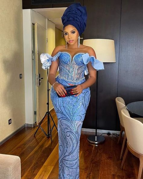 Sky Blue Asoebi, Asobi Style, Blue Asoebi, Elegant Asoebi Styles, Lace Asoebi Styles, Latest Asoebi Styles, Christmas Gown, Dinner Wedding Reception, Reception Wedding Dress