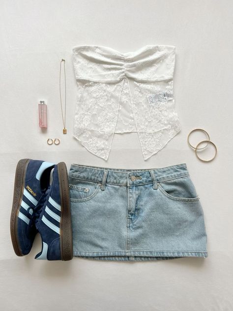 Denim Skirt Inspo Outfit, Outfits With Skirts Aesthetic, Jean Skirts Outfit, Edikted Outfit Aesthetic, Mini Skirt Outfit Denim, Denim Skirt Summer Outfit, Mini Jean Skirt Outfit, Denim Mini Skirt Outfit Summer, Spezial Adidas Outfit