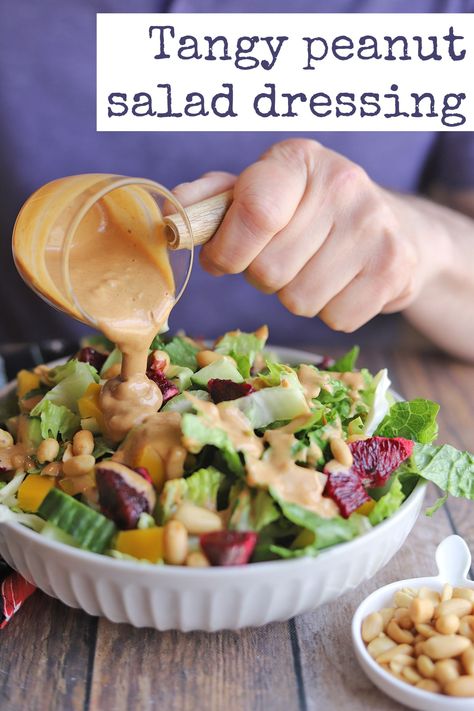 Salads are infinitely more interesting when a good dressing is involved. This peanut butter salad dressing comes together in just minutes. It’s a delicious homemade alternative to store-bought Thai peanut vinaigrette or bottled dressing. #peanutdressing #peanutbutter #vegansaladdressing Peanut Vinaigrette Dressing, Peanut Butter Salad Dressing Recipes, Potluck Dessert Recipes, Peanut Butter Salad Dressing, Bean Corn Avocado Salad, Peanut Salad Dressing, Halloween Potluck Recipes, Peanut Butter Salad, Keto Chinese