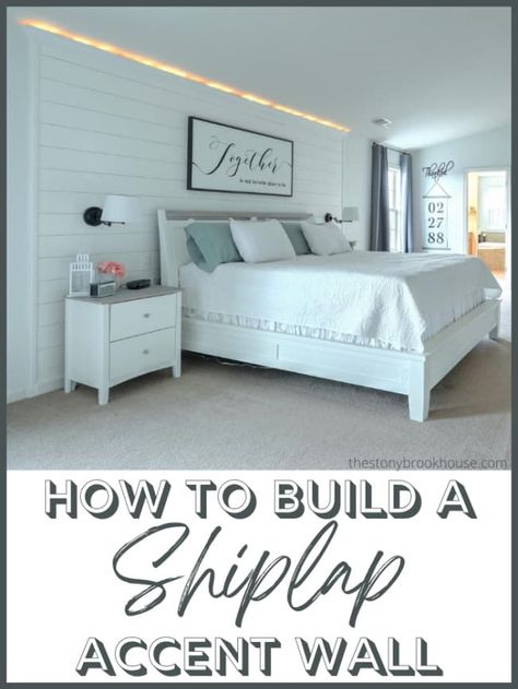 Vertical Shiplap Behind Bed, Shiplap Entire Bedroom, Shiplap Wall As Headboard, Half Vertical Shiplap Wall Bedroom, Partial Shiplap Wall Bedroom, Shiplap Accent Wall Bedroom, Accent Wall Behind Bed, Shiplap Bedroom Wall Beds & Bed Frames, Crown Molding Lights