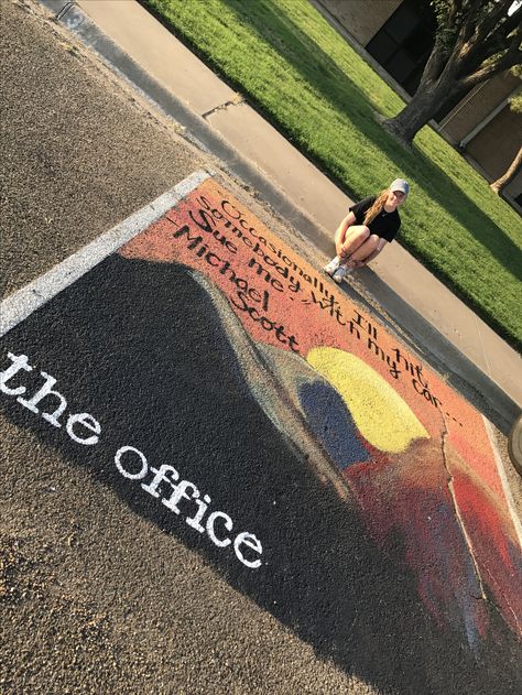 Senior Parking Space Ideas The Office, The Office Senior Parking Spot, The Office Parking Spot Painting, Parking Spot Designs Senior, Disney Parking Spot Painting, Painted Parking Spots Senior Easy, Senior Parking Spaces Disney, Senior Parking Spot Ideas Funny, Chalk Parking Spot Senior