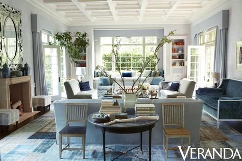 The latest project from interior designer Windsor Smith  is featured on the July/August 2013 cover of Veranda and being that we’re big fans of hers  here at So Haute, the team at Veranda offered us a sneak peek of the story and we’re so thrilled to share it with you! For this project, Smith collaborated with architect  Steve Gianetti  to transform the mid-century home in Brentwood’s Mismatched Sofas, Den Furniture, Monochromatic Interior, Veranda Magazine, Interior Design Awards, Furniture Placement, Furniture Layout, A Living Room, Large Living Room