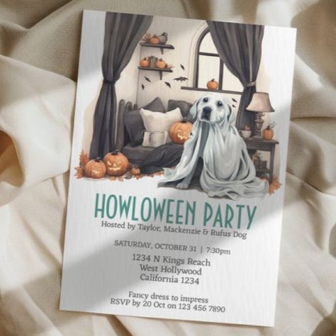 Halloween Dog Themed Party Howloween Fun Invitations from #Ricaso. Cute dog fancy dress party https://www.zazzle.com/halloween_dog_themed_party_howloween_fun_invitation-256657254581681168 #Halloween #dogsofinstagram #halloweenparty #dog #ghost #cuteghost #haunted #cutehalloween #fancydress #zazzlemade #partyinvite #party #invite #invitation #howl #howling #pumpkin Dog Themed Party, Ghost Sheet, Dog Fancy Dress, Dog Ghost, Fun Invitation, Dog Themed Parties, Fancy Dress Party, Dog Family, Fun Invitations