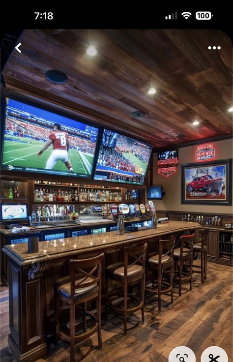 Lounge Area In Living Room With Bar, Basement Remodel Man Cave, Garage Sports Bar Ideas, Lake House Basement Bar, Cabin Game Room Ideas, Themed Basement Ideas, Sports Bar Basement Ideas, Entertainment Basement Ideas, Basement Sports Bar Ideas