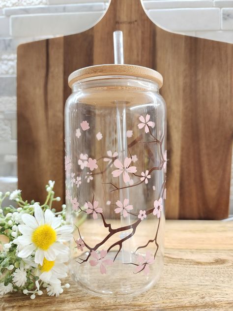 Sakura Floral Glass Cup 16oz | Iced Coffee Cup | Cherry Blossom Glass | Reusable Floral Cup | Coffee Can Cup with Bamboo Lid | Aesthetic Cup Cute Designs For Glass Cups, Kou Diabolik Lovers, Glass Tumbler Design, Cherry Blossom Theme, Cherry Blossom Design, Cute Coffee Cups, Cute Water Bottles, Pretty Cups, Iced Coffee Cup