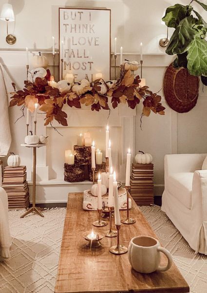 Fall Fireplace Decor 2023, 2023 Fall Mantle, Simple Fall Living Room, Fall Floral Mantle Decor, Corner Fireplace Fall Decor, Neutral Fall Floral Decor, Fall Fireplace Decor Mantles Neutral, Fall Decorating Ideas 2023, Neutral Halloween Mantle