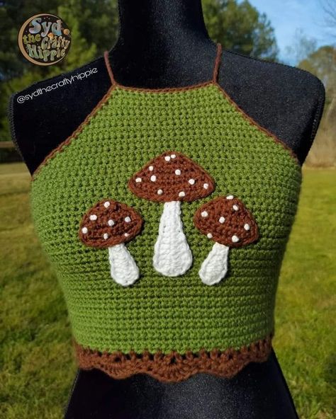 Crochet Mushroom Top Pattern, Mushroom Crochet Outfit, Whimsigoth Crochet Top, Crochet Mushroom Clothes, Mushroom Crochet Top, Crochet Halloween Outfit, Witchy Crochet Projects, Crochet Mushroom Top, Crochet Cottage Core