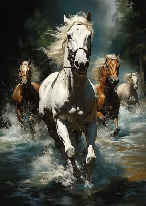 Running Horse Painting, Horse In Water, Wow Painting, White Arabian Horse, Wild Horses Running, Abstract Horse Art, Horse Wall Art Canvases, Abstract Horse, African Art Paintings