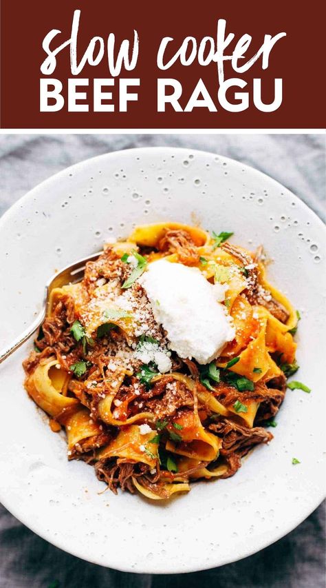 Slow Cooker Beef Ragu with Pappardelle! We're making this cozy, comforting Beef Ragu with Pappardelle! Steak is braised in the crockpot for hours with garlic, tomatoes, veggies, and herbs, then shredded and piled high on pappardelle with Parm cheese. #ragu #beef #pasta Slow Cooker Beef Ragu, Ragu With Pappardelle, Crockpot Favorites, Beef Ragu Recipe, Pappardelle Recipe, Tomato Beef, Beef Sauce, Beef Ragu, Ragu Recipe