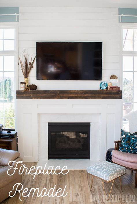 Fireplace Harth Decorations, Fireplace Mantle With Tv Above, Fireplace On Small Wall, Mantle Tv, Fireplace Updates, Planked Walls, Glossy Ibis, Tv Above Fireplace, Fireplace Redo