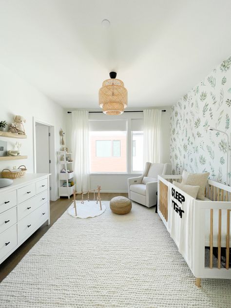 Rugs For Nursery Neutral, Neutral Nursery Rugs, Greenery Accent Wall, Nursery Rugs Neutral, Organization Kids Room, Budget Nursery, Botanical Nursery, Baby Room Closet, Nursery Carpet