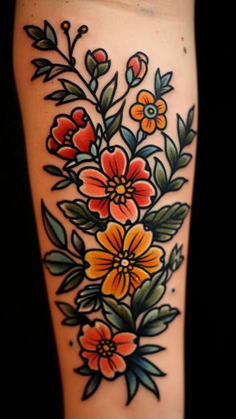 Discover stunning August Birth Flower tattoo design ideas for women. From traditional to neo-traditional styles, explore beautiful Gladiolus and Poppy tattoo inspirations. Whether you're into thigh, arm, or sleeve tattoos, find colorful and small tattoo ideas perfect for celebrating your August birthday. Neo Traditional Violet Tattoo, American Trad Flower Tattoo, Traditional Flower Sleeve Tattoo, Traditional Flower Tattoo Color, Traditional Gladiolus Tattoo, Traditional Style Flower Tattoo, Neo Traditional Flower Tattoo Design, Traditional Floral Tattoo Sleeve, Neo Traditional Flower Tattoo