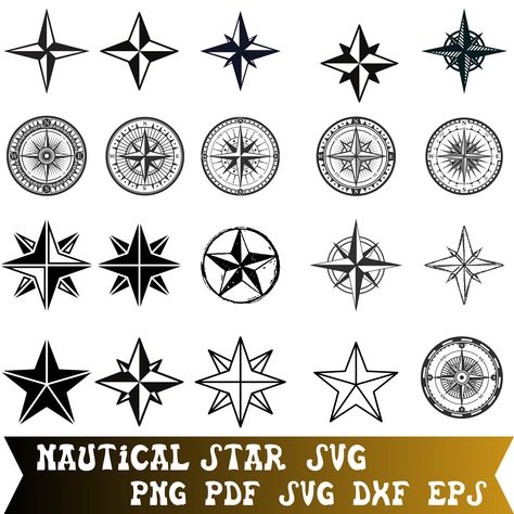 Gift Embellishments, Compass Svg, Nautical Star Tattoos, Embellishments Scrapbooking, Nautical Clipart, Star Vector, Rose Svg, Corner Borders, Star Outline