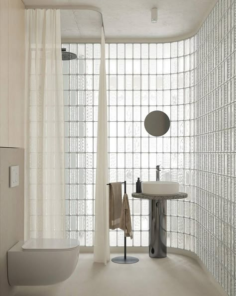 Glass Blocks Interior Design, Glass Bricks Bathrooms, Glass Shower With Curtain, Glass Brick Shower Wall, Glass Blocks Interior, Bathroom With Glass Wall, Glass Brick Partition, Glass Block Shower Ideas, Glass Brick Bathroom