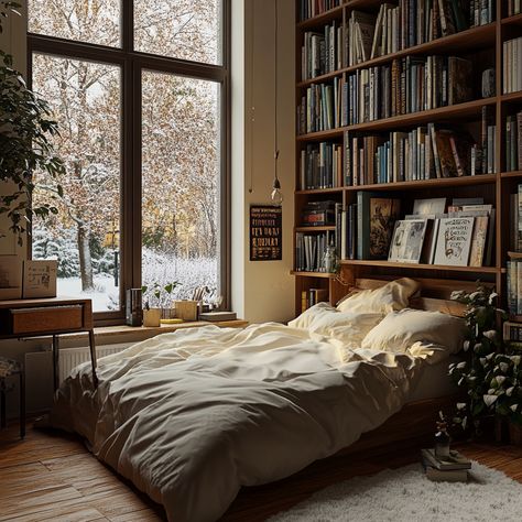 cosy home with bookshelf and snow outside Snow Outside, Cosy Bedroom, Cosy Home, Winter Aesthetic, Bookshelves, Bedroom, Home Decor, Home Décor