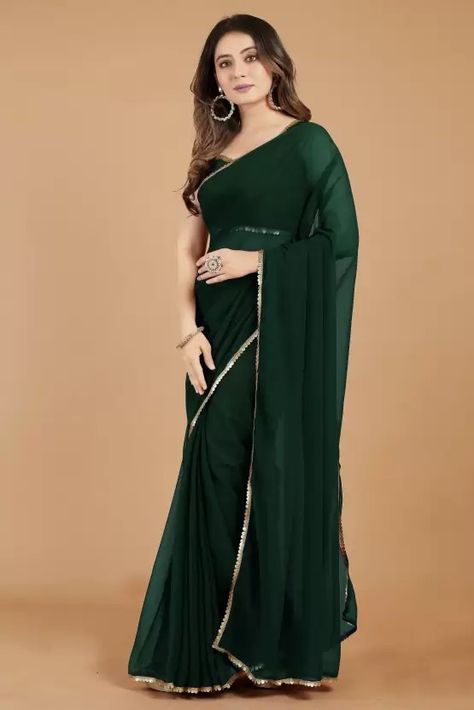 glezvi Solid/Plain Bollywood Chiffon, Georgette Saree (Green) Dark Green Saree Look, Plain Green Saree, Green Chiffon Saree, Dark Green Saree, Plain Georgette Saree, Green Georgette Saree, Black Bridal Party, Bottle Green Saree, Men Suit Jacket