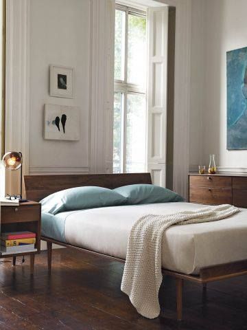 Bed from DWR's American Modern Collection and DWR Percale Sheet Set in Cyan Mid Century Bedroom, Minimal Interior Design, Interior Design Per La Casa, Mid Century Modern Bedroom, Dekorasi Kamar Tidur, Ideas Hogar, Luxury Homes Interior, Minimalism Interior, Design Del Prodotto