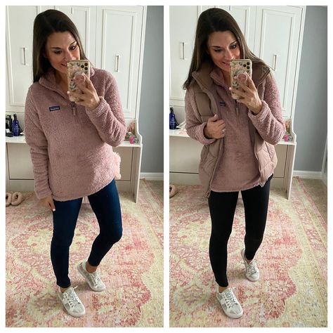 How to wear a pink fleece - Size up in the fleece. Wearing a M. Size down in the jeans. Wearing a 2/26. Everything else is true to size. Wearing a small in the leggings and vest. #justpostedblog #ShopStyle #shopthelook #MyShopStyle #OOTD #LooksChallenge #ContributingEditor #Lifestyle Los Gatos Vest Outfit, Winter Tips, Puffer Coats, Vest For Women, Fleece Jacket Womens, Pink Fleece, Down Puffer Coat, Patagonia Jacket, Casual Jackets