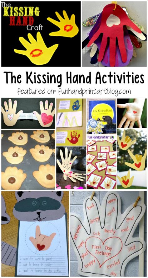 The Kissing Hand Book and Activities Kind Hands Activity, Hand Activities For Kids, Kissing Hand Preschool, The Kissing Hand Activities, The Kissing Hand Book, Preschool First Day, Kissing Hand, September Activities, Beginning Of Kindergarten