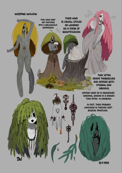 Mythical Species Humanoid, Willow Character Design, Forager Character Design, Nature Spirit Character Design, Humanoid Creature Concept Art, Fantasy Humanoid Creatures, Dryad Character Design, Dryad Oc, Creative Character Design