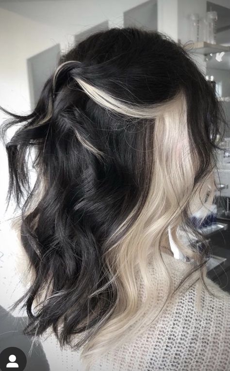 Shoulder Length Color Ideas, Black And Peekaboo Hair, Malfoys Mom Hair Color, Black Hair With Caramel Underneath, Blonde Halo With Black Hair, Peakaboo Underlights Silver, Narcissa Malfoy Hairstyle On Curly Hair, 2023 Fashion Hair Color, Brown Hair With Caramel Peekaboos