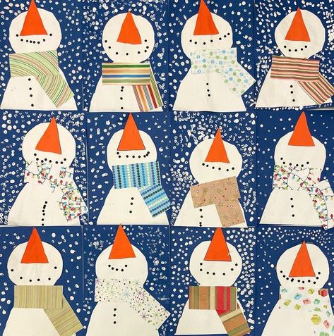 Art More Often on Instagram: "Kindergarten’s snowman with a scrapbook paper scarf!! The kids had so much fun picking out their scarf!! This is the perfect project if you have some scrapbook paper laying around! . . . #artmoreoften #artistsoninstagram #art #artteachers #artclassroom #artclass #arteducator #artteachersofinstagram #arted #arteducation #artactivity #artforkids #kidsart #childrensart #artwithkids #kidsartwork #artstudio #kidsartstudio" Kinder Winter Art, Snowman Art For Kids, Snowman Art Projects For Kids, December Art Projects For Kids, Winter Art Kindergarten, Winter Art Projects For Kids Elementary, Kindergarten Winter Art, Winter Art For Kids, Winter Art Projects For Kids