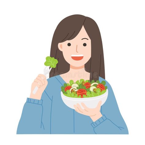 Young women eating salads. Diet food for life. Healthy foods with benefits. stock illustration Eat Healthy Food Illustration, Healthy Food Clipart, Diet Illustration, Women Eating, Salad Diet, Abstract Animal Art, Food Clipart, Nutritious Diet, Concept Illustration