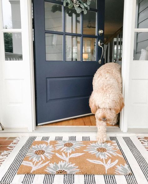 Layered door mats are 👌👌👌👌👌I love getting these fringed WASHABLE doormats to use for layering for only $12! This doormat combo from @target… Navy Front Door, Small Front Porch Decor, Front Porch Mat, White Front Door, Front Door Inspiration, Front Door Rugs, Front Door Interior, Porch Mat, Blue Front Door