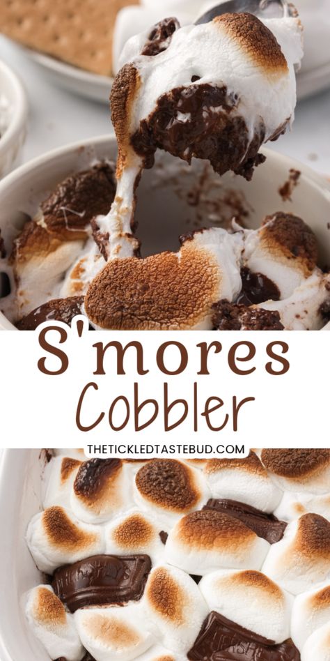 S’MORES COBBLER S’mores Cobbler, Smores Cobbler, Smores Casserole, Smores Desserts, Smores Dessert, Nostalgic Summer, Campfire Desserts, Desserts No Bake, Butter Desserts