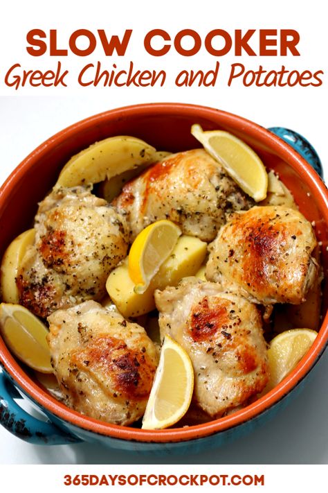 Slow Cooker Greek Chicken and Potatoes—with loads of flavor this chicken and potatoes dish will quickly become a family favorite at your house. It has the perfect amount of seasoning and lemon flavor. #slowcooker #crockpot #chicken Instant Pot Greek Chicken, Tomatillo Ranch, Slow Cooker Greek Chicken, Enchilada Bowls, Beef Gyros, Lemon Chicken And Potatoes, Greek Chicken And Potatoes, Herbed Chicken, Creamy Tortellini