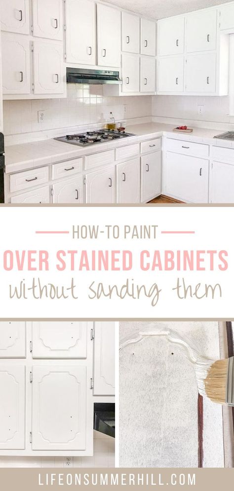 Paint Cabinets Without Sanding, Dark Stained Cabinets, Paint Your Cabinets, Stained Wood Cabinets, Painting Cabinets Diy, Kitchen Cabinets Before And After, Stained Cabinets, Diy Home Updates, Redo Kitchen Cabinets