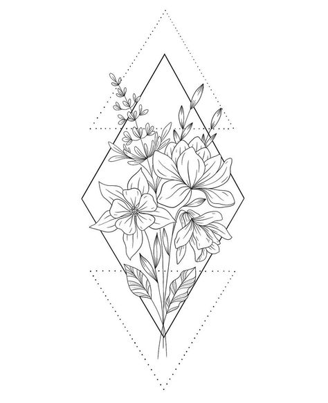 Flower Tattoo With Triangle, Boho Mom Tattoo, Geo Flower Tattoo, Diamond Shaped Tattoo Designs, Diamond With Flowers Tattoo, Geometric Shape Tattoo Design, Geometric Lily Tattoo, Geometrical Flower Tattoo, Diamond Flower Tattoo