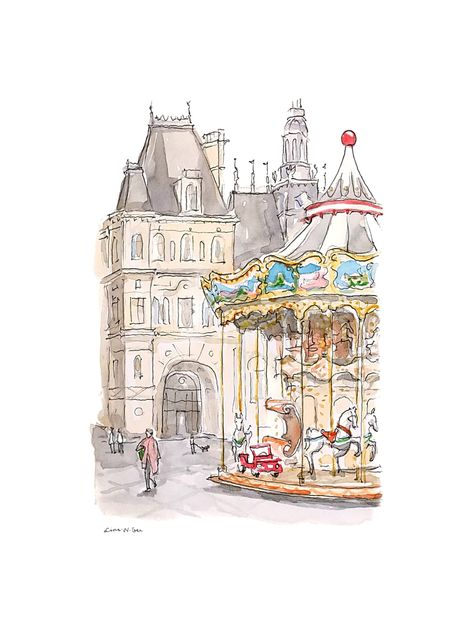 Parisian Postcards with Illustrator Lina Nordin Gee Carrousel Illustration, Parisian Watercolor, Carousel Drawing Illustration, Parisian Prints, Cute Illustration Art, Paris Illustration, Charcoal Drawings, Ink Drawings, E Card