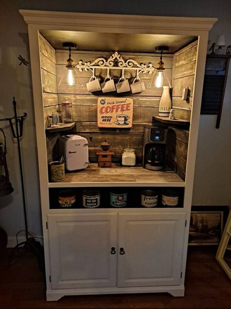 Tv Stand Coffee Bar, Antiques For Home Decor, Coffee Bar Out Of Armoire, Armour Coffee Bar, Coffee Bar Armoire, Cabinet Coffee Bar Ideas, Coffee Cabinet Station, Coffee Bar Armoire Ideas, Coffee Bar From Hutch