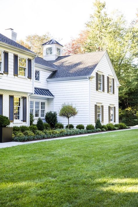 Colonial Home Transformation — Matthew R. Dougherty Colonial Home Addition Ideas, Colonial With Garage Addition, Siding Ideas Exterior Colonial, 1960s Colonial House Remodel, Garrison Colonial Exterior Makeover, Colonial House Landscaping, Colonial Home Landscaping, Colonial Exterior Makeover, New England Colonial Interior