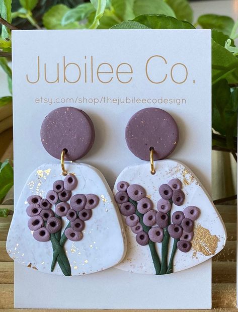 Lavender Clay Earrings, Boho Jewelry Diy, Polymer Clay Flower Jewelry, Polymer Clay Jewelry Tutorials, Polymer Earrings, Polymer Clay Jewelry Diy, Fimo Clay, Polymer Clay Flowers, Boho Diy