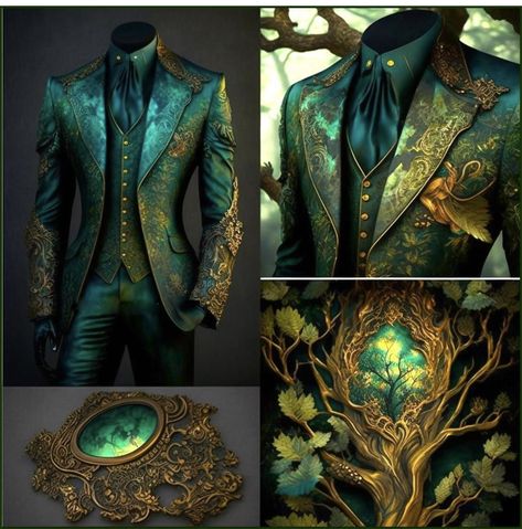 Fantasy King Outfit Design, Noble Outfits Male, Fantasy Male Wedding Outfit, Male Faerie Clothes, Green And Gold Fantasy Outfit Male, Fantasy Clothing Male Royalty, Nature Fantasy Outfit Male, Elven Fashion Male, Mens Fantasy Wedding Attire