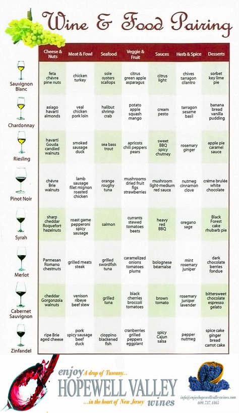 a wine pairing chart complimentary of Hopewell Valley Vineyards Wine Pairings Chart, Wine And Food Pairing, Wine Pairing Party, Wine Cheese Pairing, Wine Chart, Apple Cream, Wine Knowledge, Food Pairing, Wine And Cheese Party