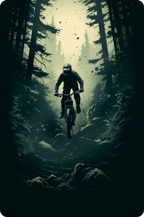 Get ready to feel the adrenaline rush with our exhilarating art piece showcasing a mountain bike rider soaring through a lush forest. This high-energy depiction captures the essence of MTB culture and the pure joy of cycling, blending vintage aesthetics with modern athleticism. Mtb Tattoo Ideas, Mtb Bike Mountain Wallpaper, Adrenaline Rush Aesthetic, Mtb Poster, Mtb Wallpaper Iphone, Mtb Aesthetic, Mountain Biking Aesthetic, Adrenaline Aesthetic, Mountain Bike Wallpaper